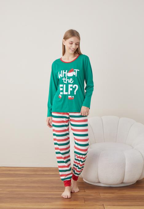 Pijama Dama Craciun "WHAT THE ELF ? " ,maneca lunga ,pantaloni lungi,Engros
